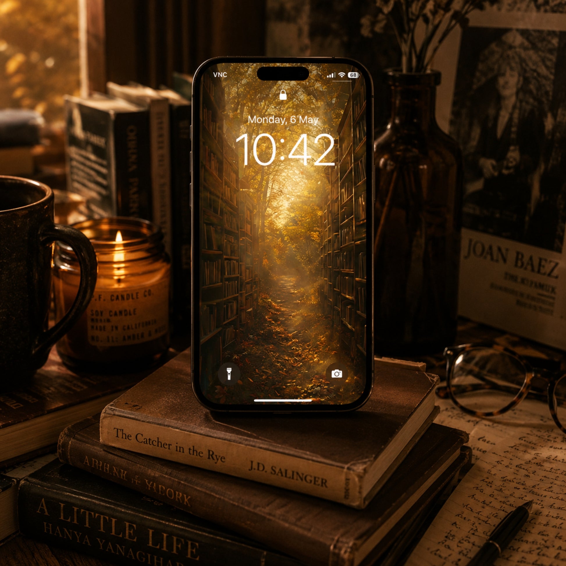 Smartphone with a scenic display on a stack of books in a cozy setting