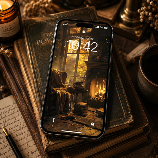 Smartphone displaying a cozy fireplace screen on top of vintage books with a candle and cup in the background.