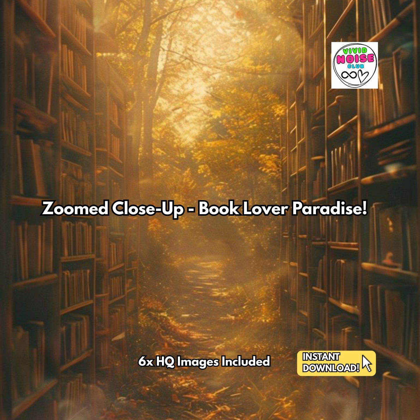 Library with bookshelves on either side leading to a forest path, with a logo in the corner.