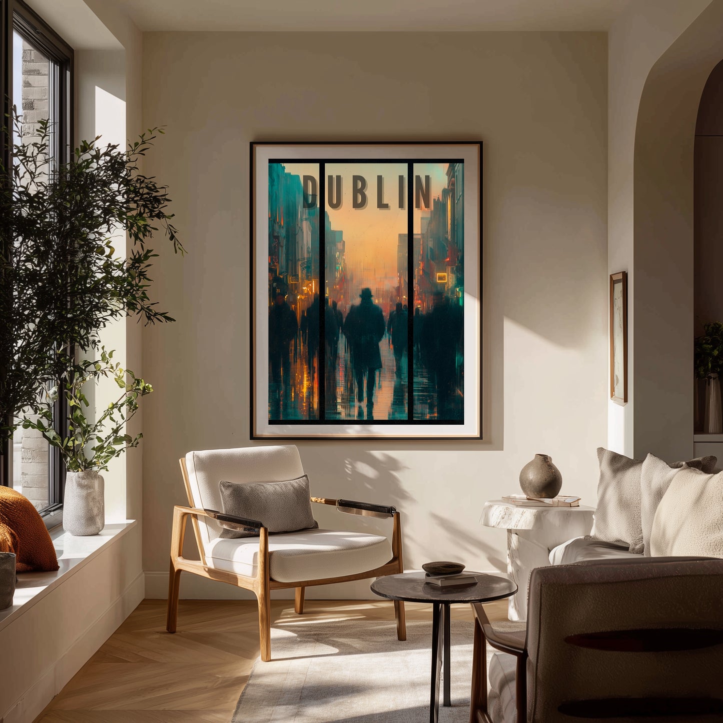 Living room with a 'Dublin' framed artwork on the wall