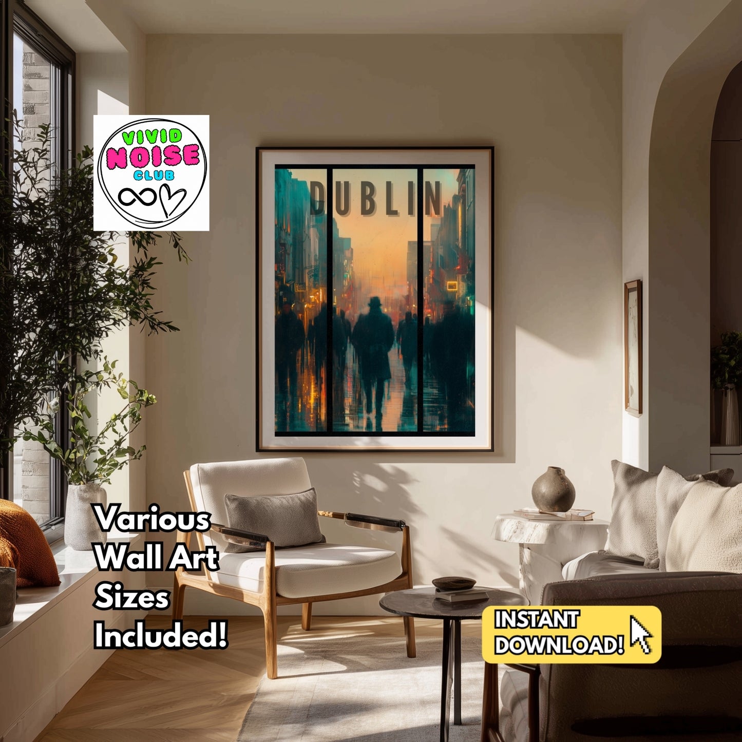 Living room with a framed artwork titled 'Dublin' on the wall, featuring the Vivid Noise Club logo.