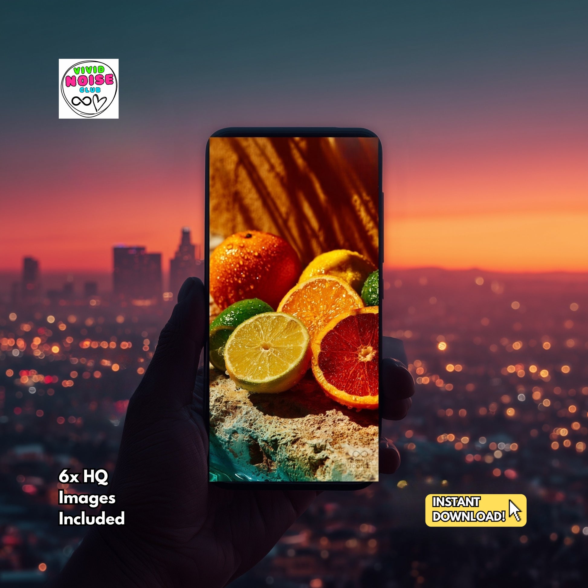 Phone screen displaying colorful fruits with a cityscape background