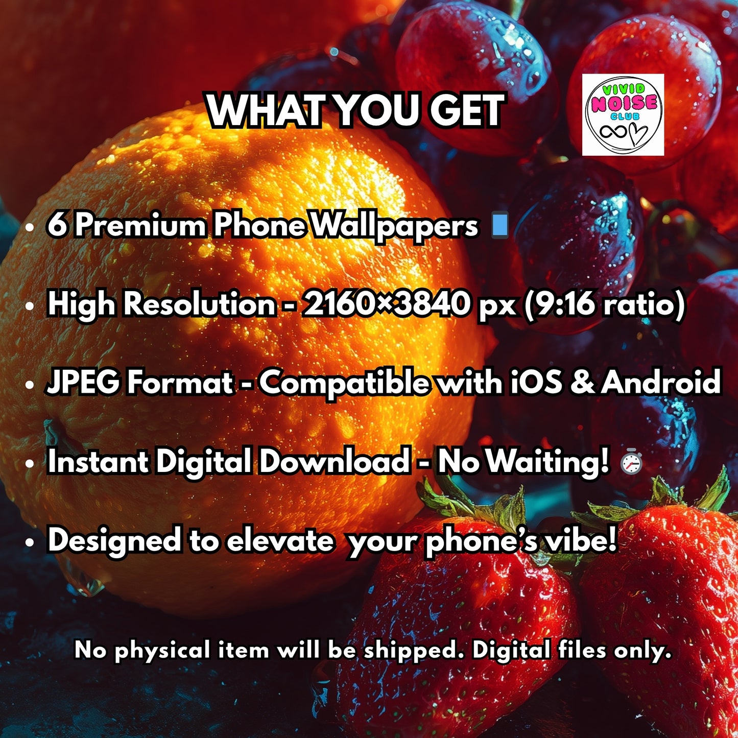 Fruit-themed phone wallpapers with product details overlay