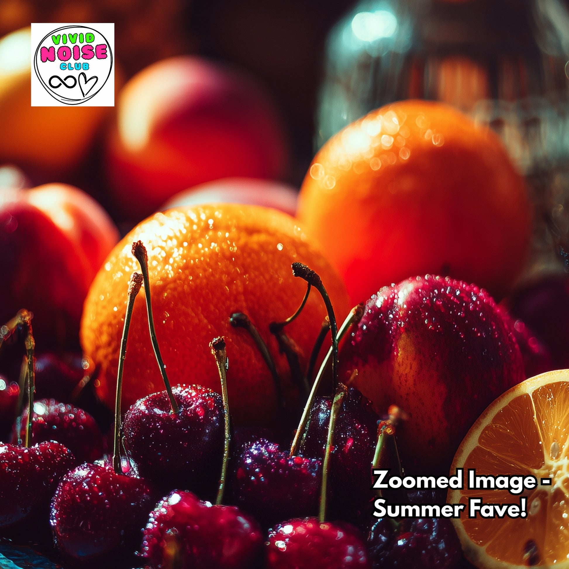 Close-up of cherries and oranges with a Vivian Noise Club logo in the corner.