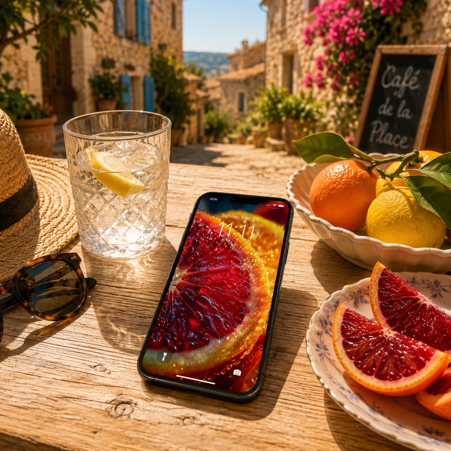 Table with a smartphone displaying a fruit screen, glass of water, and citrus fruits in an outdoor setting.