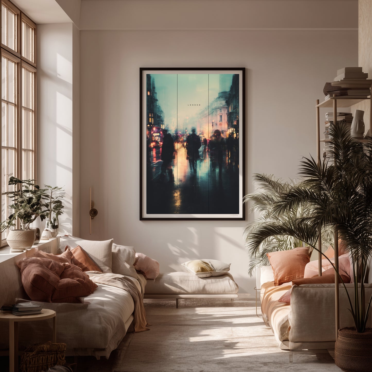 Living room with a large framed London England artwork on the wall, two sofas, and decorative plants.