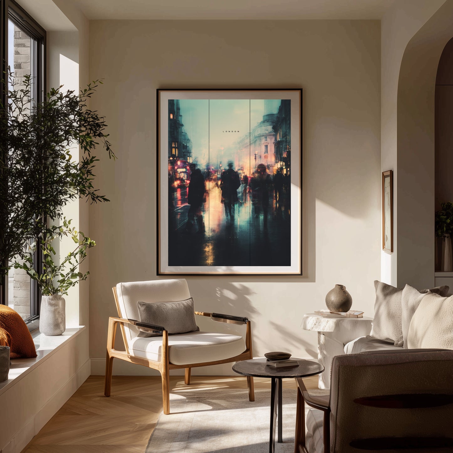 Living room with a framed London artwork on the wall, chair, and sofa.