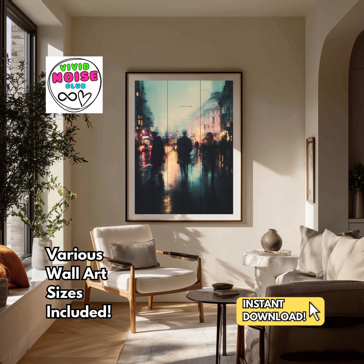 Living room with a large framed London cityscape artwork on the wall, featuring the Vivid Noise Club logo and text about wall art sizes.