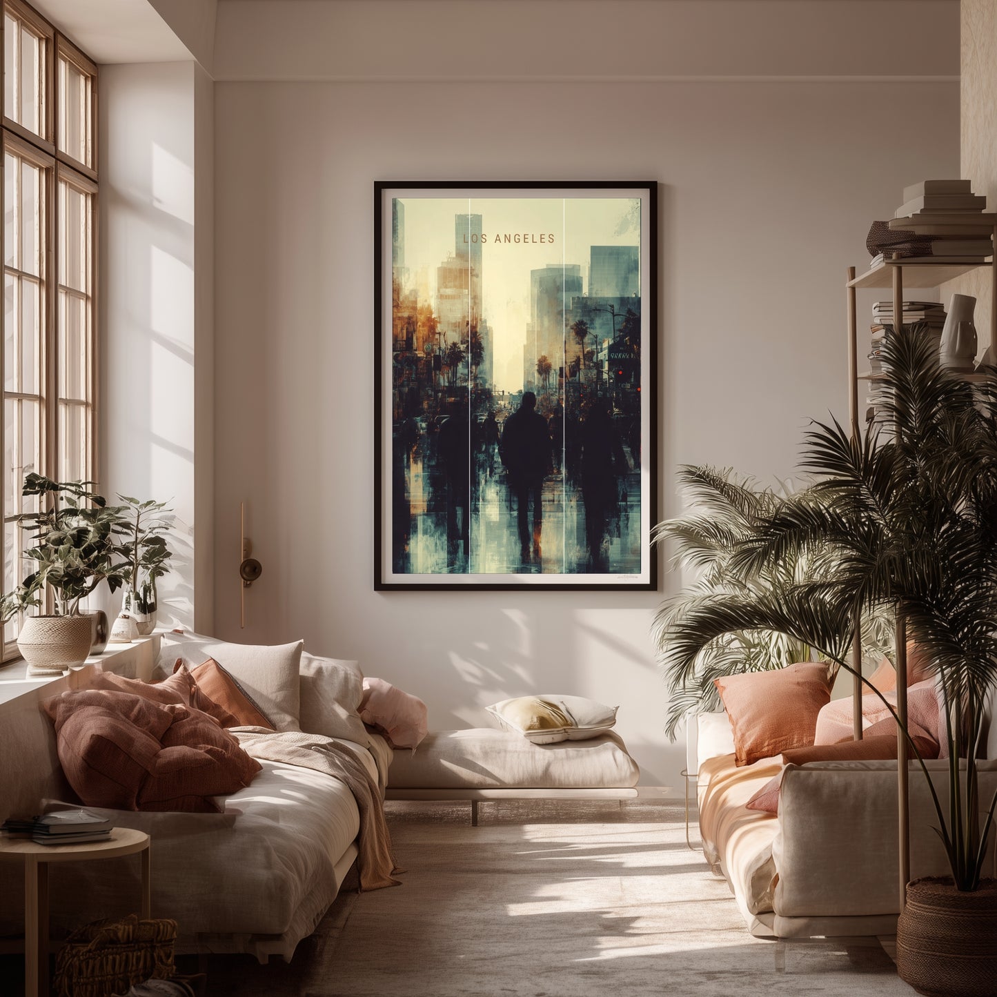 Living room with a framed Los Angeles California cityscape print on the wall, plants, and a couch.