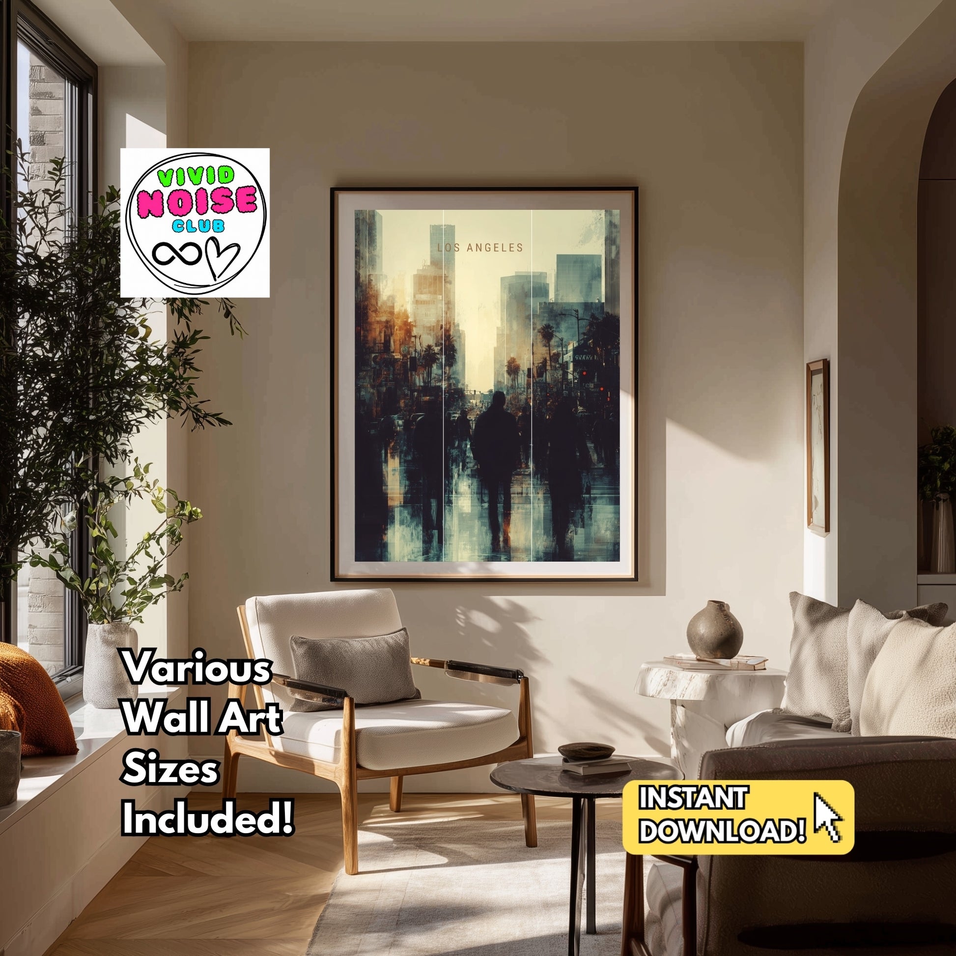 Living room with a framed Los Angeles cityscape art print on the wall, featuring Vivid Noise Club logo and text about wall art sizes.