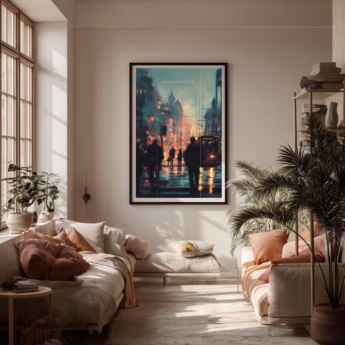 Living room with a framed Manchester artwork on the wall, chair, and sofa.