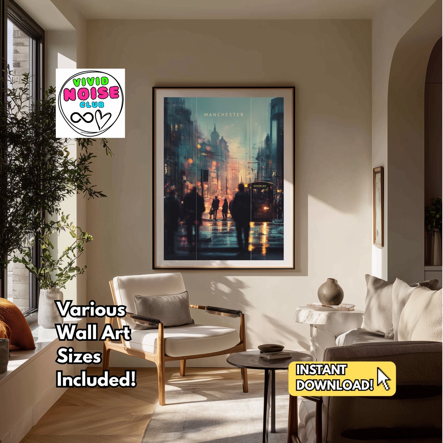 Living room with framed Manchester artwork and 'Vivid Noise Club' logo.