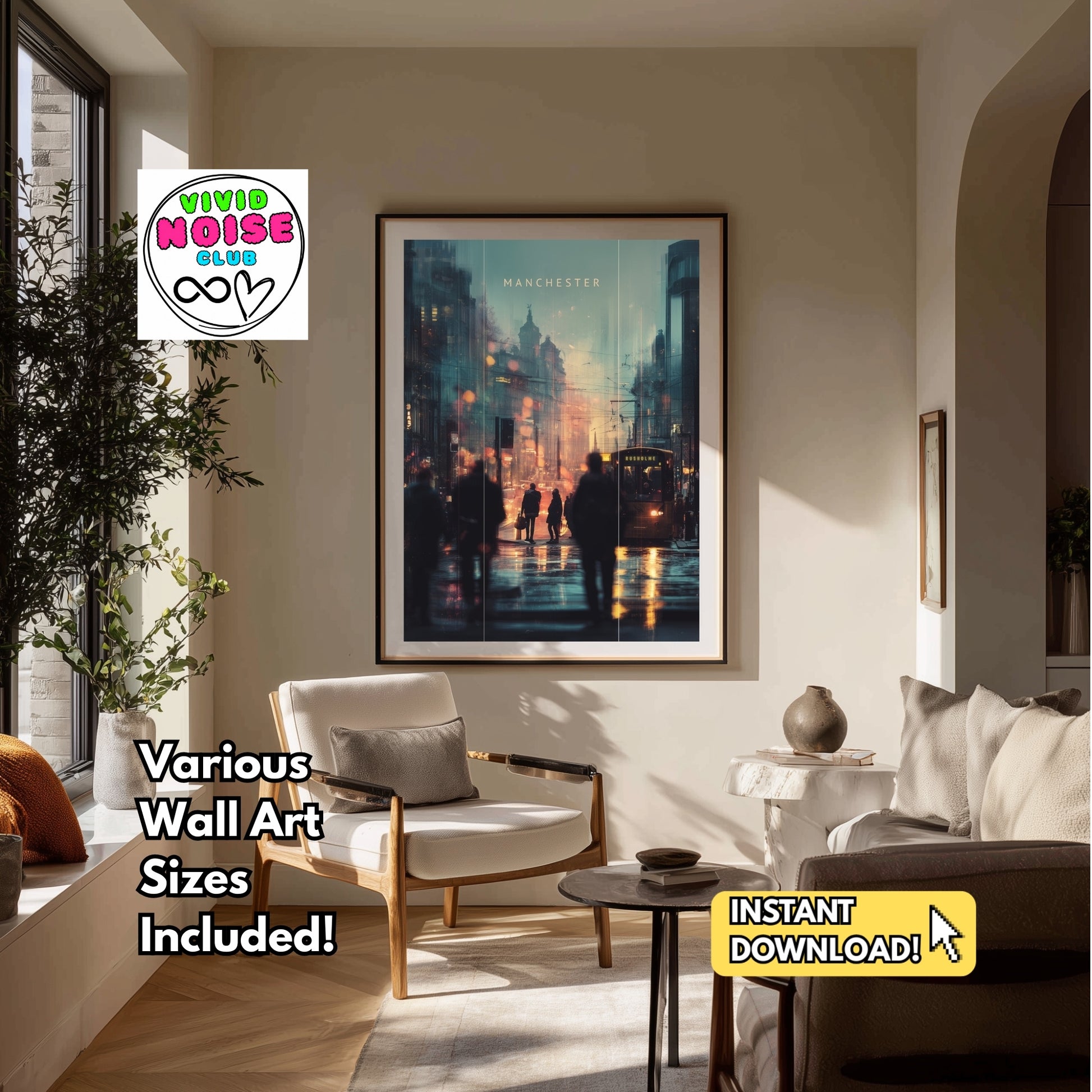 Living room with framed Manchester artwork and 'Vivid Noise Club' logo.