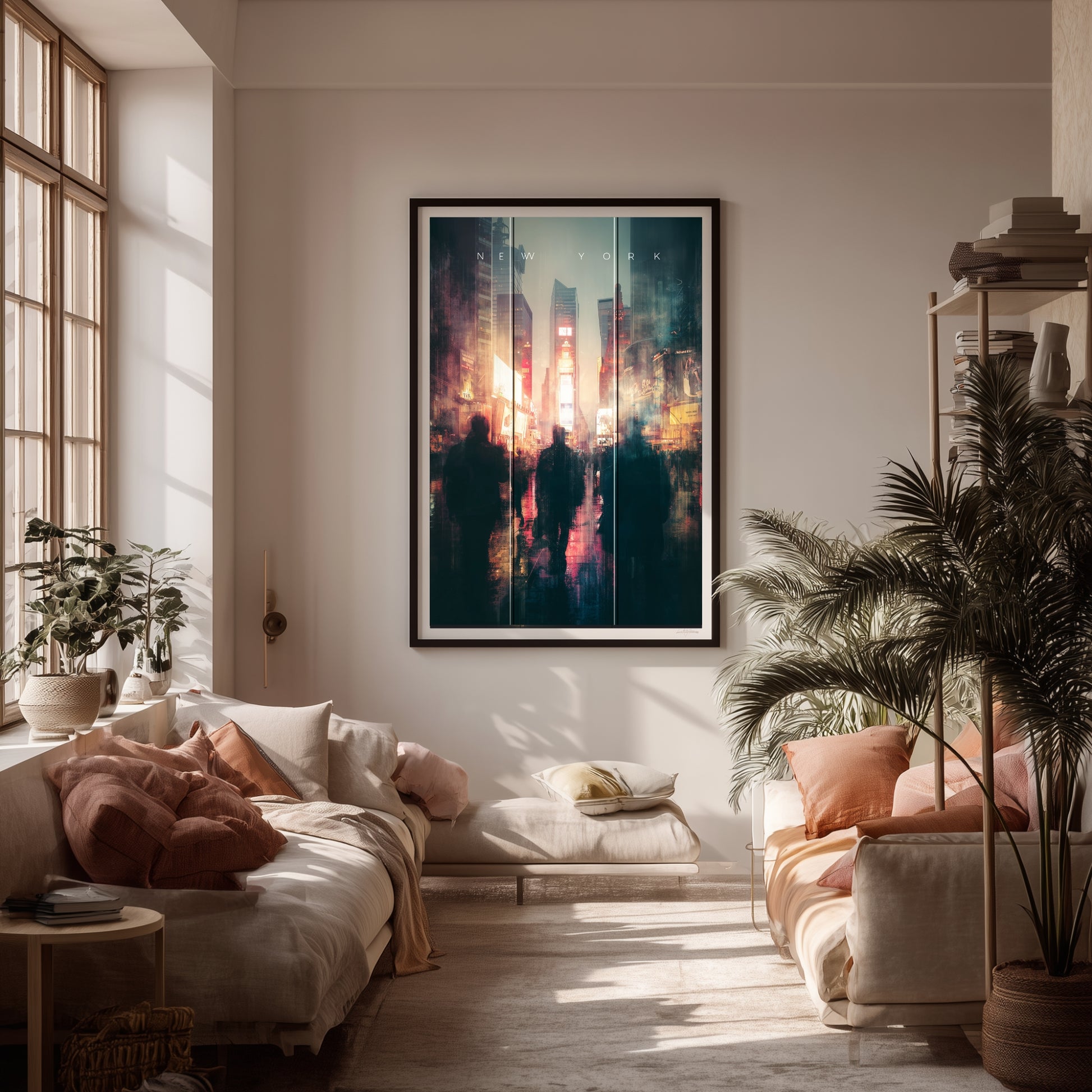 Modern living room with a large abstract New York cityscape painting on the wall, plants, and a sofa.