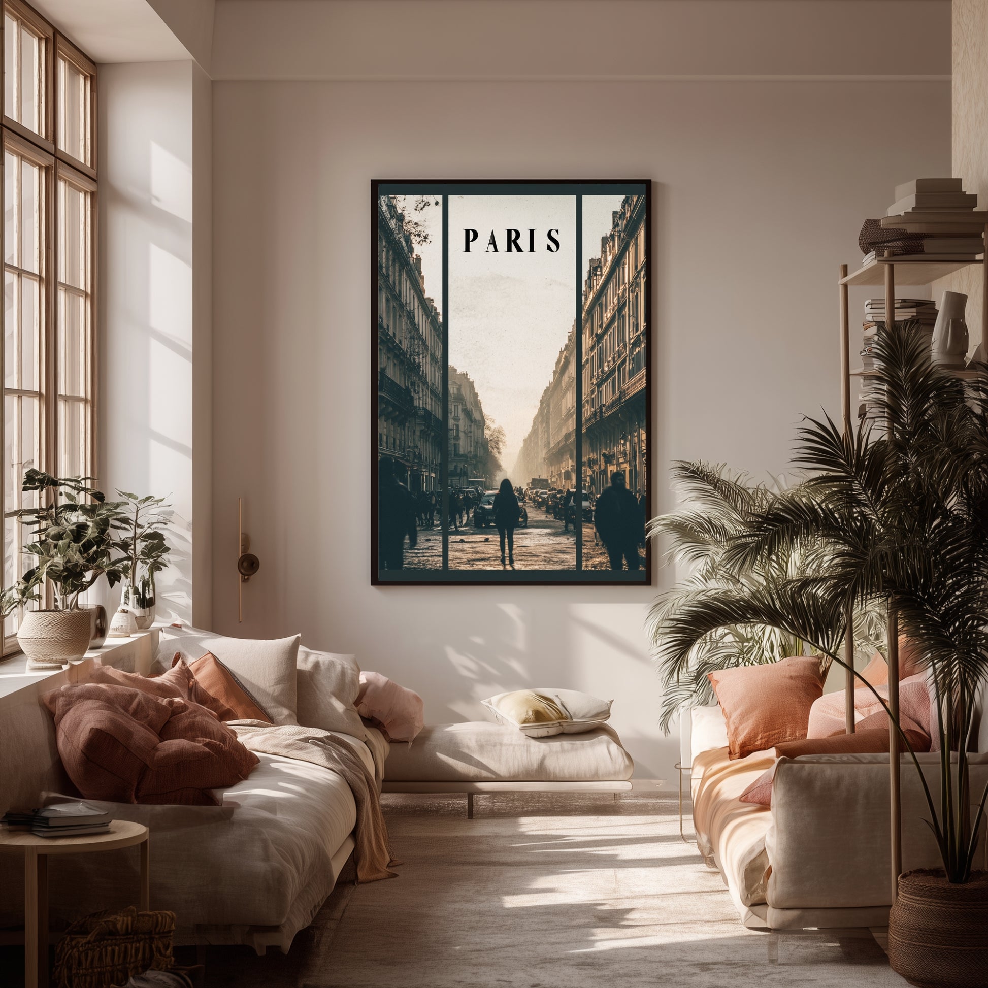 Living room with a 'Paris' themed wall art print above a sofa.