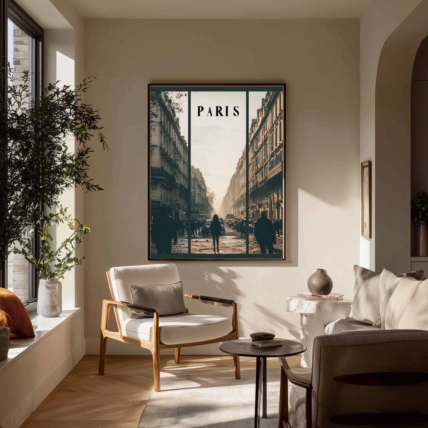 Living room with a 'Paris' framed picture on the wall, a chair, and a couch.
