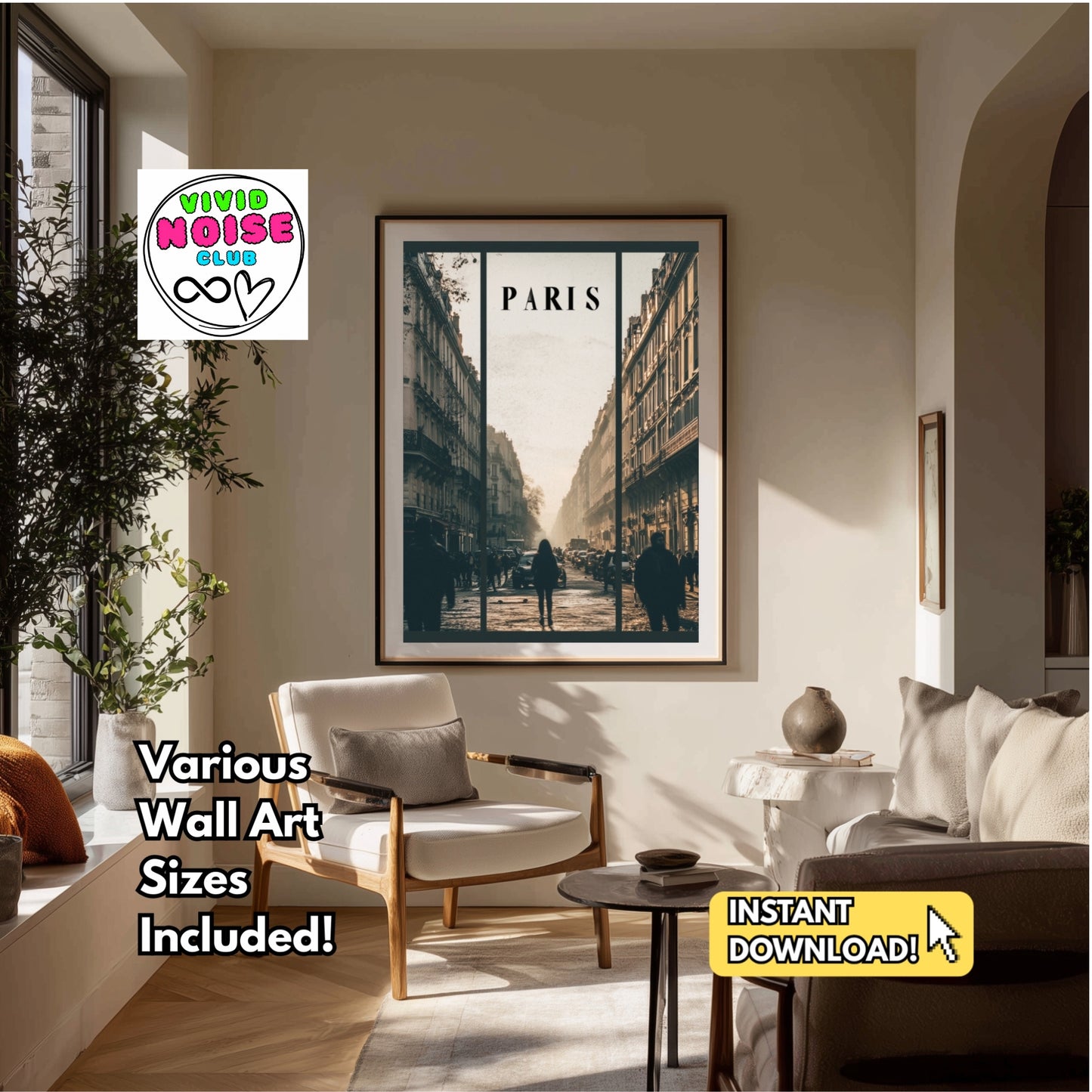 Living room with a 'Paris' themed wall art print above a sofa.