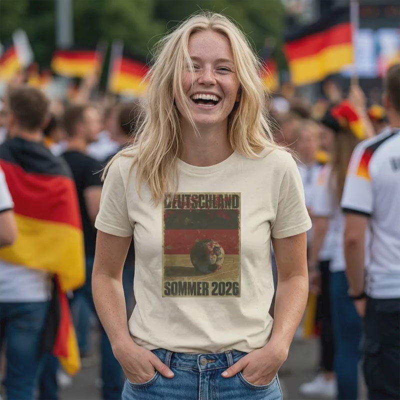 Video showing the Germany Sommer 2026 football t-shirt on a model in a match day crowd setting, featuring a vintage black, red and gold supporter graphic.