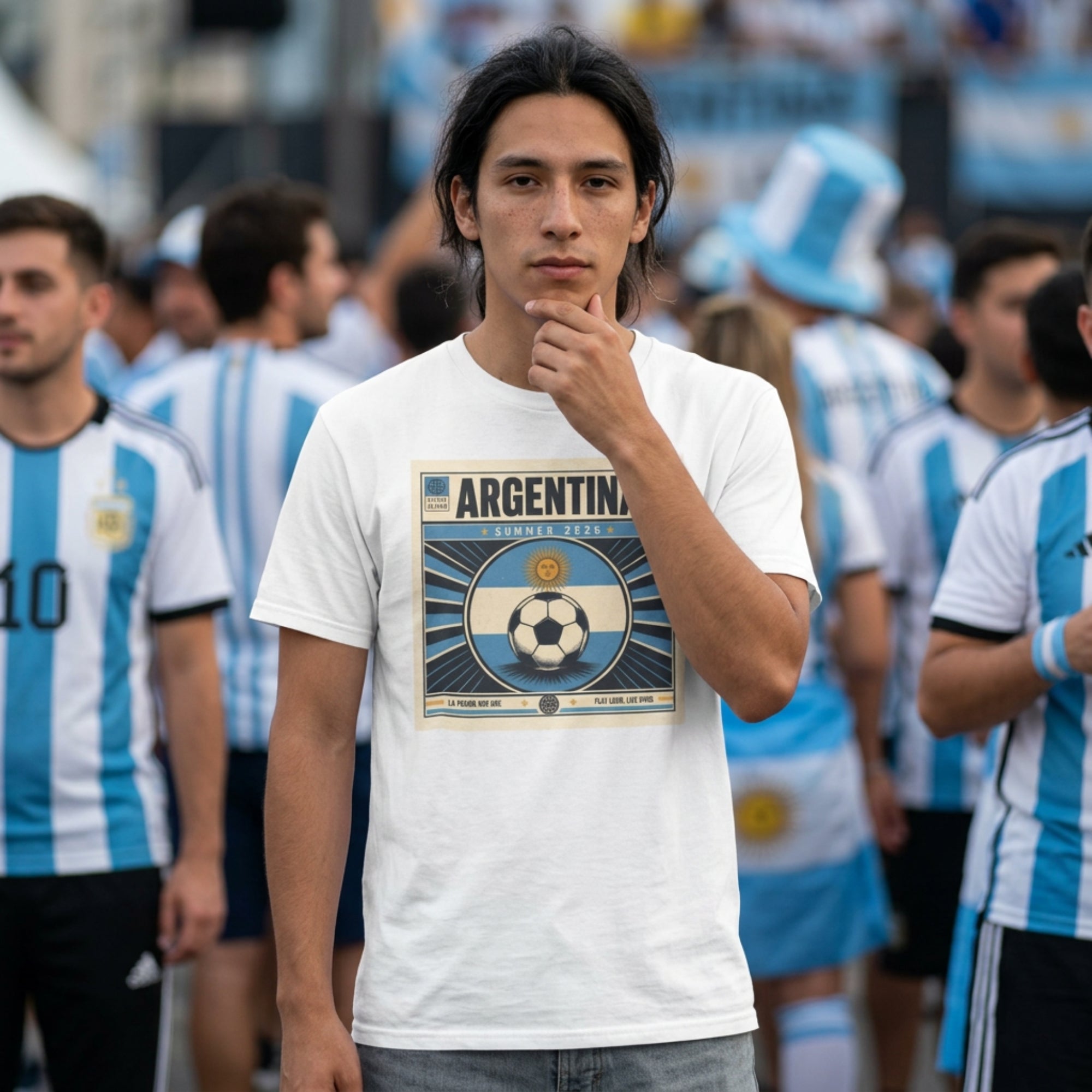 Video preview showing the Argentina football t-shirt with a retro record sleeve graphic, sky blue supporter colours and classic cotton tee mockups.