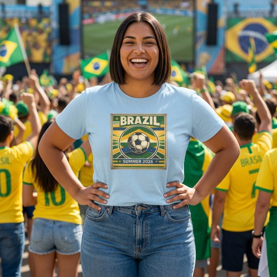 Video preview showing the Brazil football t-shirt with green yellow and blue retro record sleeve artwork and classic cotton tee mockups.