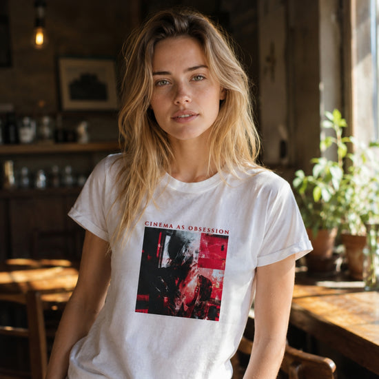 Video showing the Cinema As Obsession t-shirt on a model in a moody indoor setting, featuring a dark film-inspired front graphic.