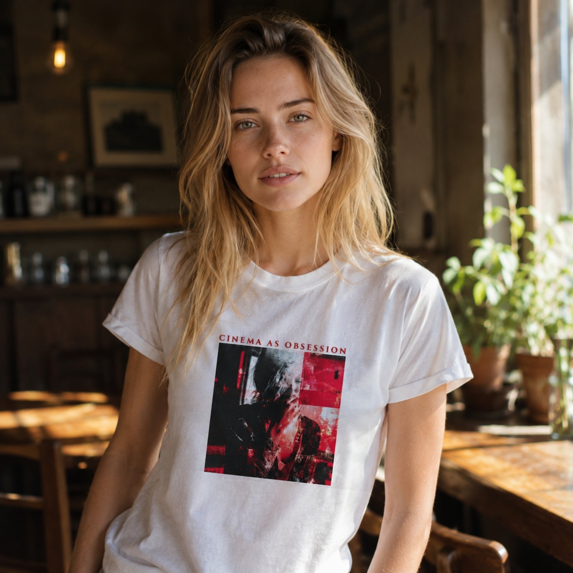 Video showing the Cinema As Obsession t-shirt on a model in a moody indoor setting, featuring a dark film-inspired front graphic.