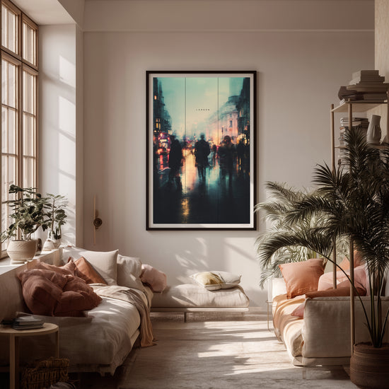 Preview of a cinematic London street photography digital wall art print, showing rainy city lights, blurred figures and atmospheric urban details for modern home decor.