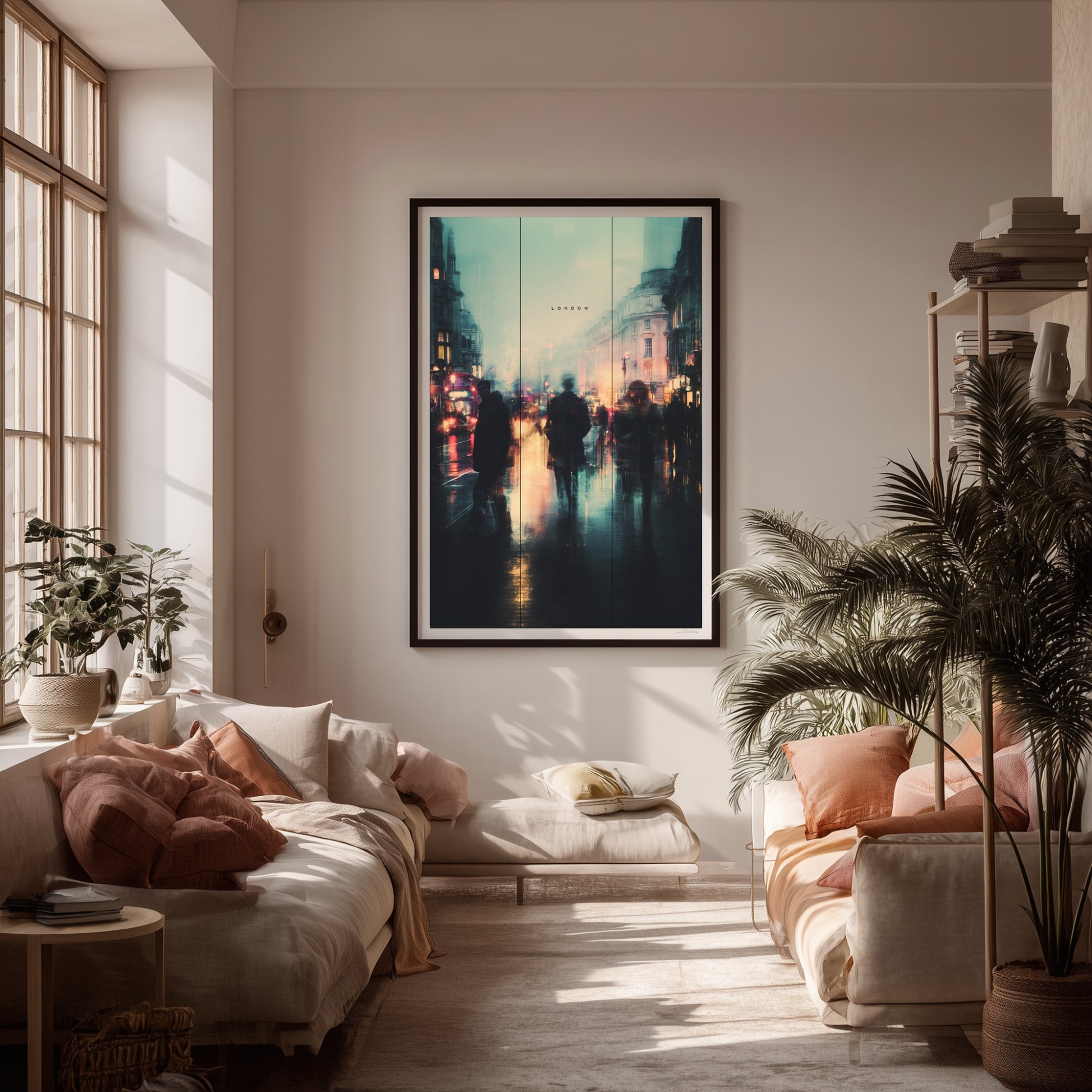 Preview of a cinematic London street photography digital wall art print, showing rainy city lights, blurred figures and atmospheric urban details for modern home decor.
