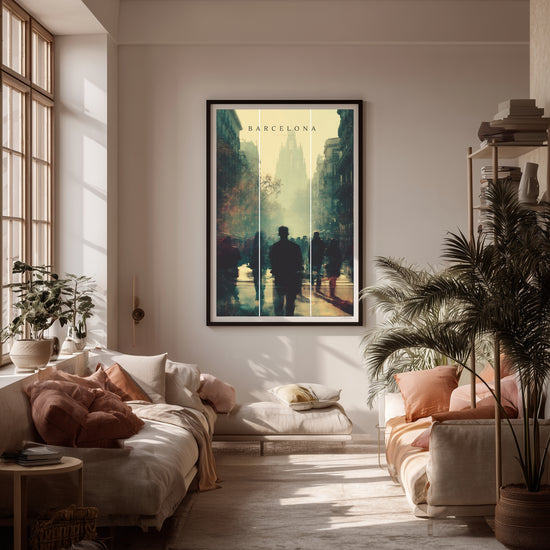 Video of living room with Barcelona wall art print