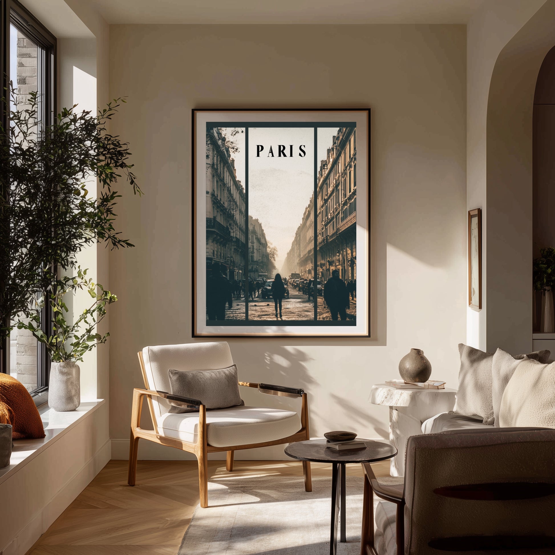 Video of living room with a 'Paris' themed wall art print above a sofa.
