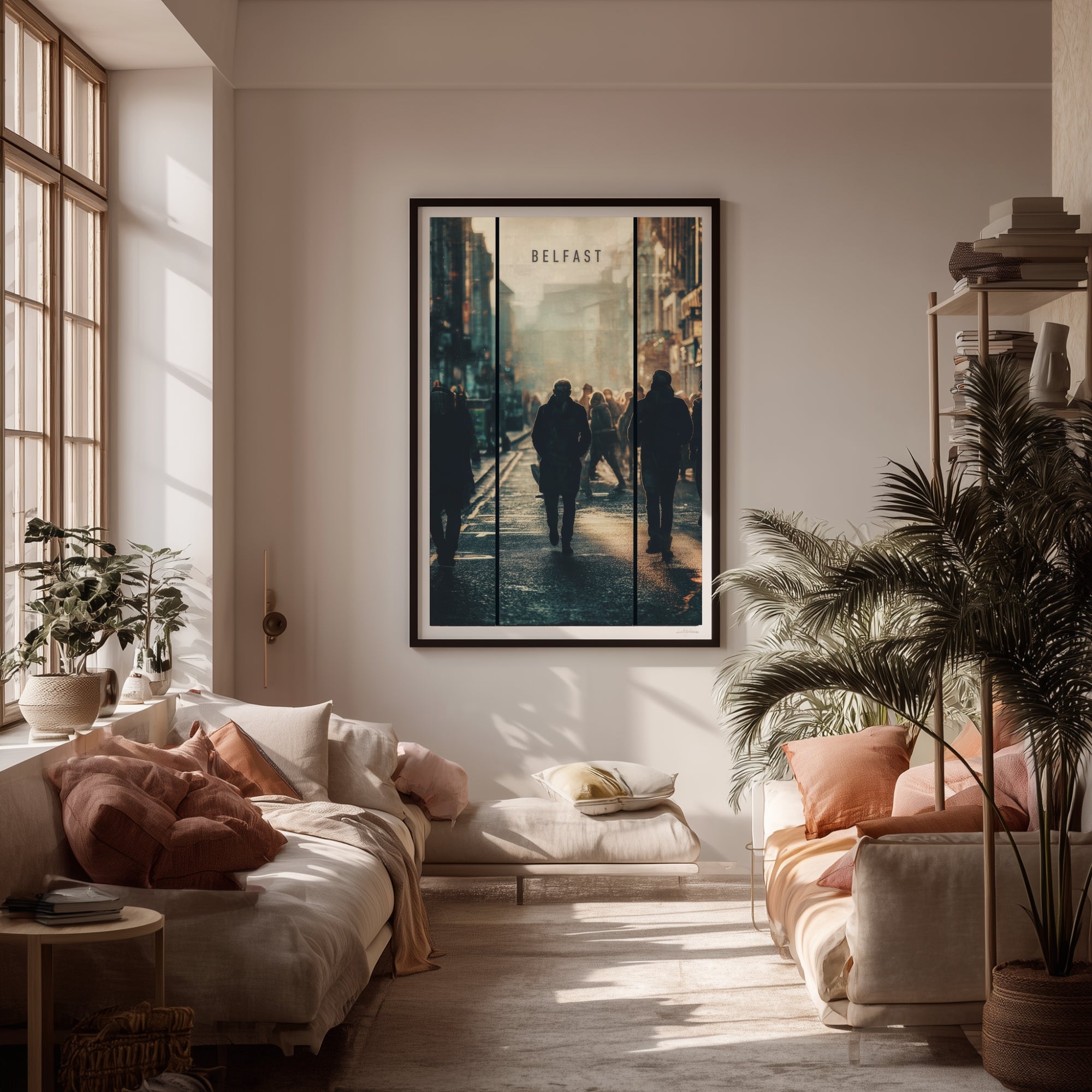 Video of living room with a large framed artwork of Belfast on the wall, featuring two people walking in a city street.
