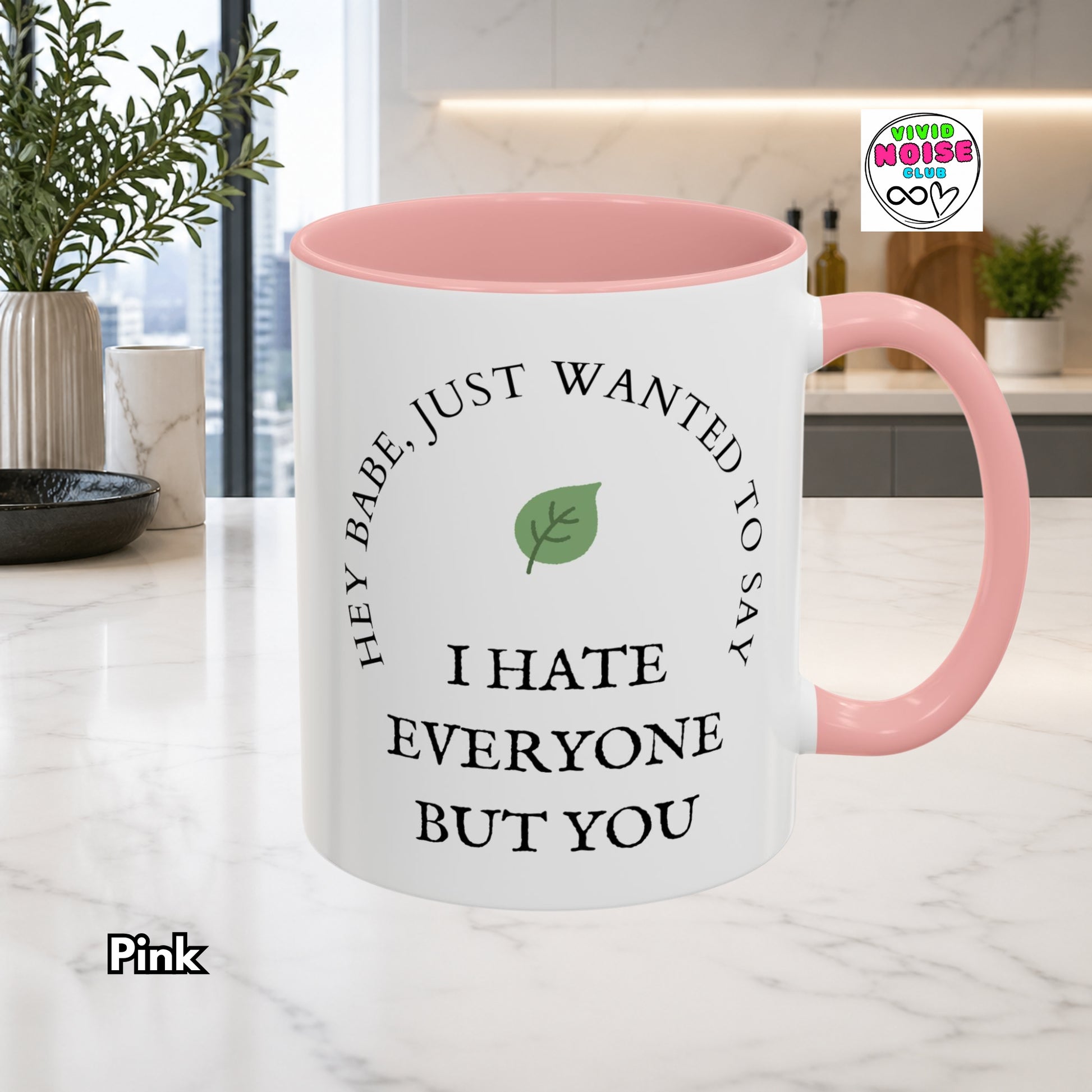 Video showing the available handle and interior colour options for the Vivid Noise Club ceramic accent mug, including 11oz and 15oz size variations for US shipping.