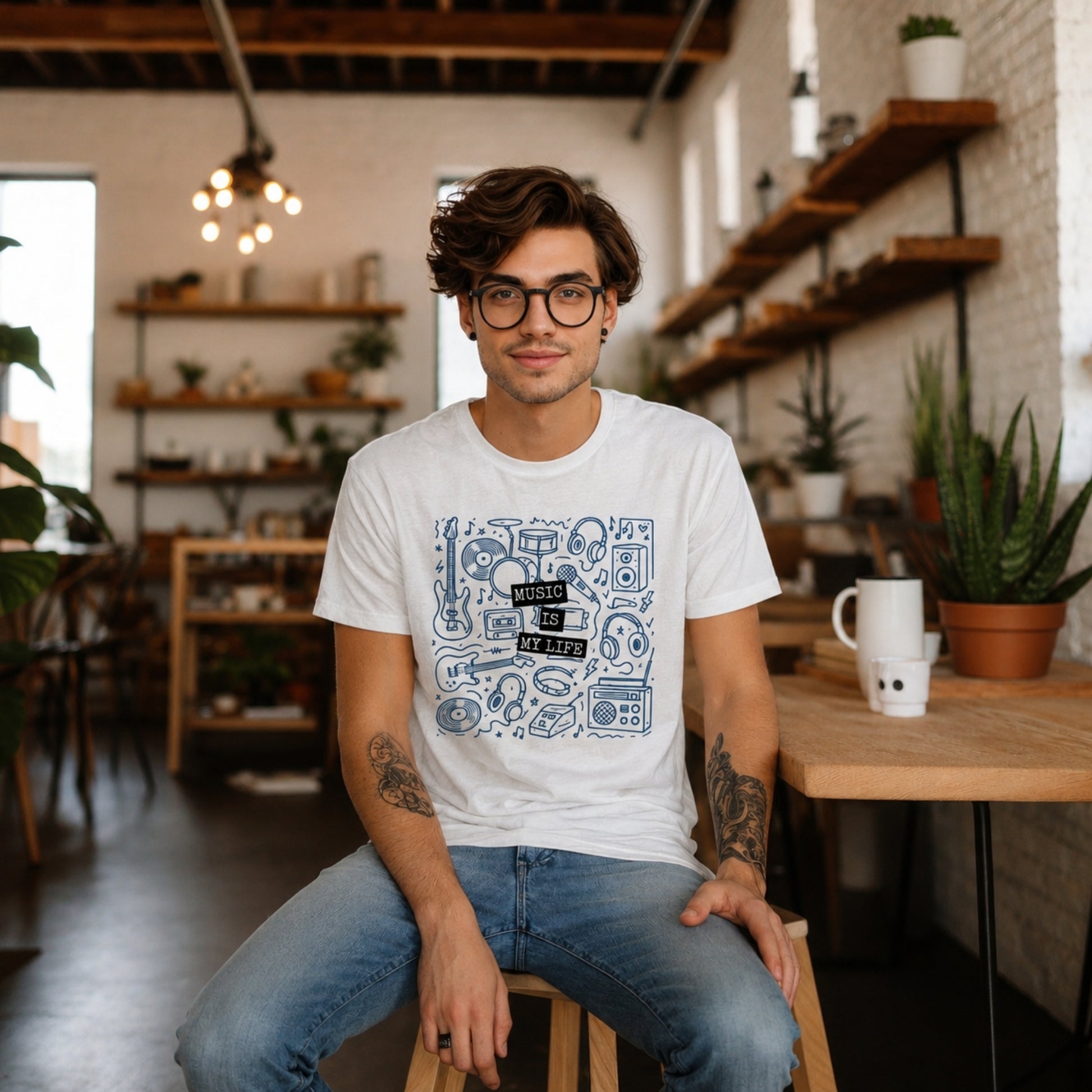 Video showing the Music Is My Life t-shirt on a model in a relaxed setting, featuring a detailed music-inspired front graphic.