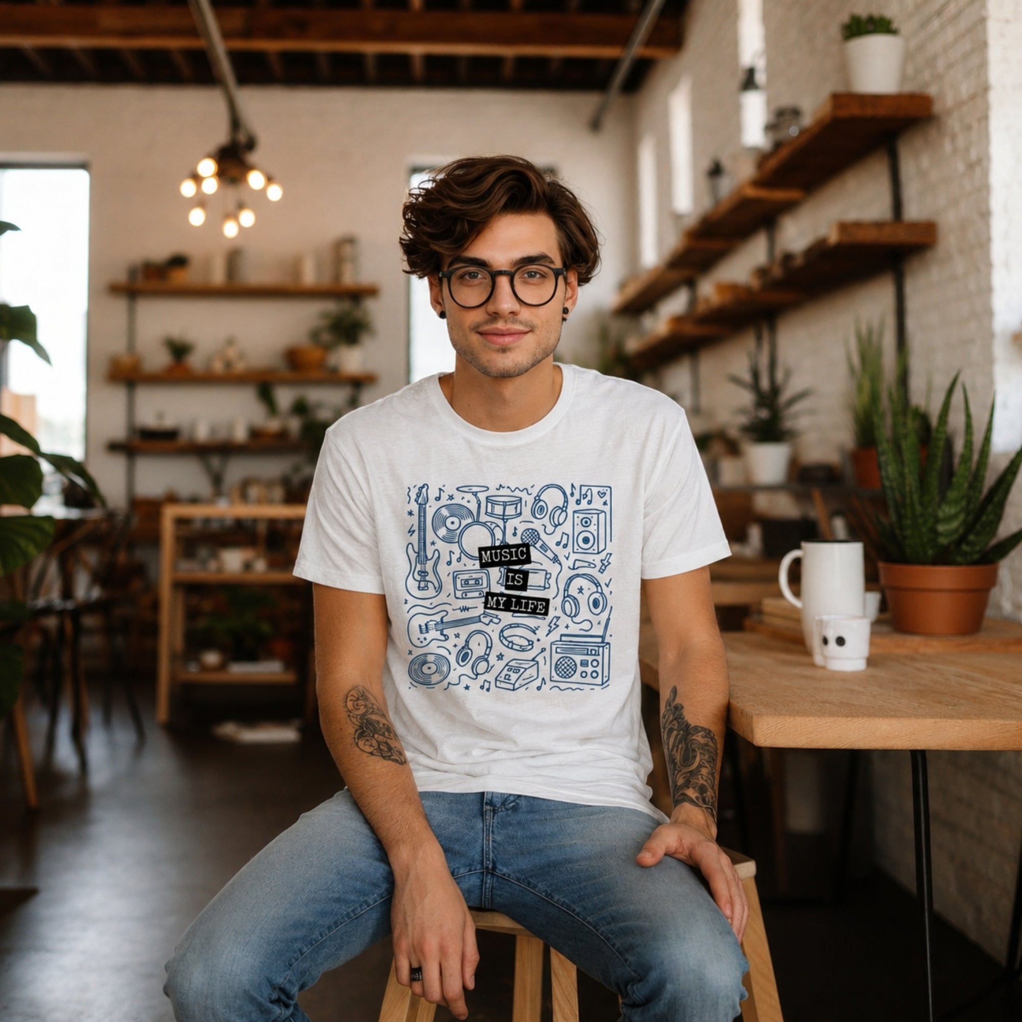 Video showing the Music Is My Life t-shirt on a model in a relaxed setting, featuring a detailed music-inspired front graphic.