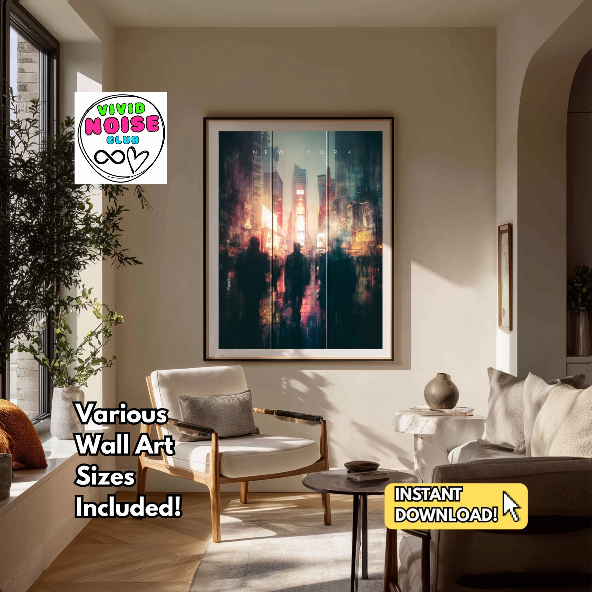 Preview of a cinematic New York street photography digital wall art print, showing glowing city lights, blurred figures and atmospheric urban details for modern home decor.
