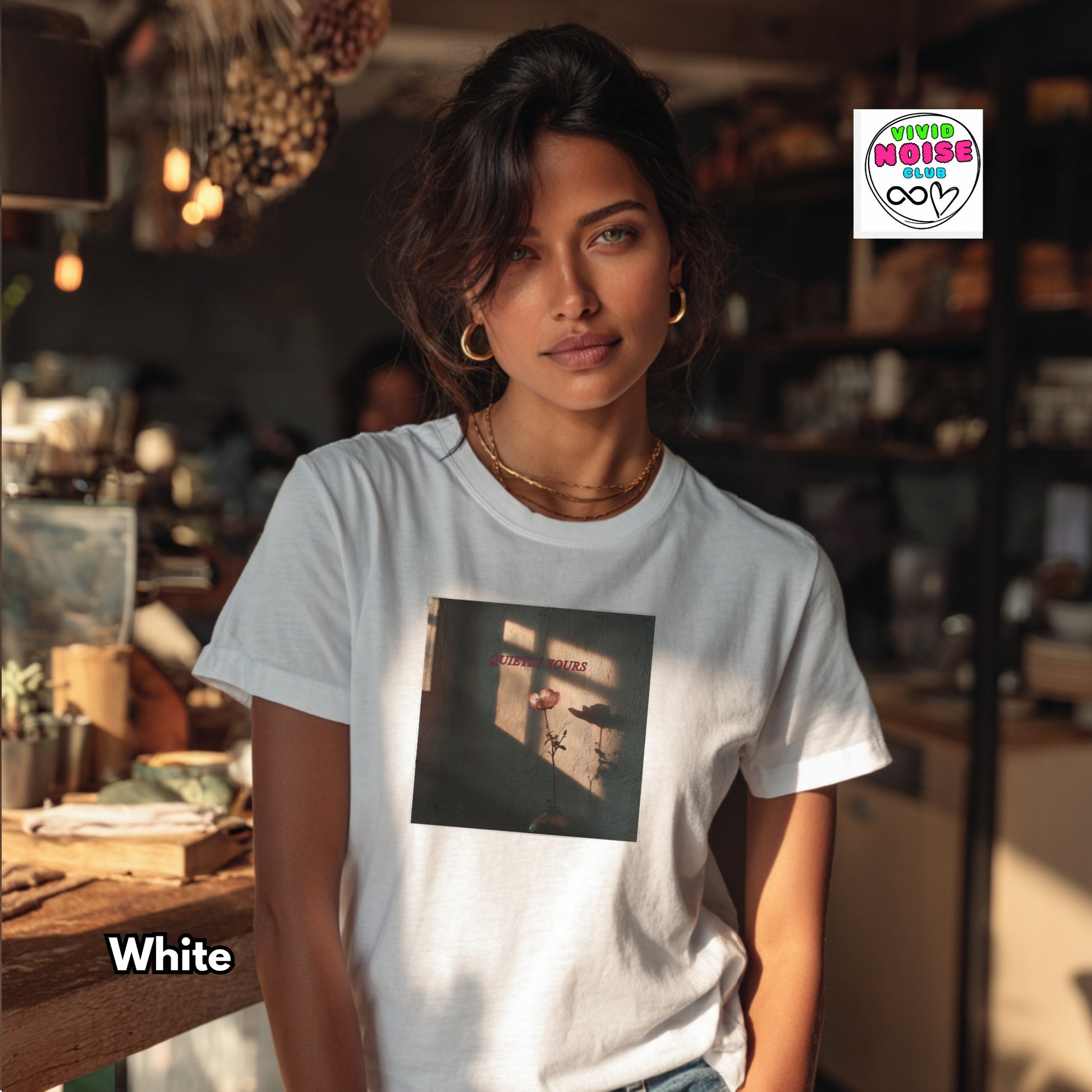 Preview of the Quietly Yours graphic t-shirt featuring a cinematic, softly lit scene with warm tones, nostalgic atmosphere and an understated indie aesthetic.