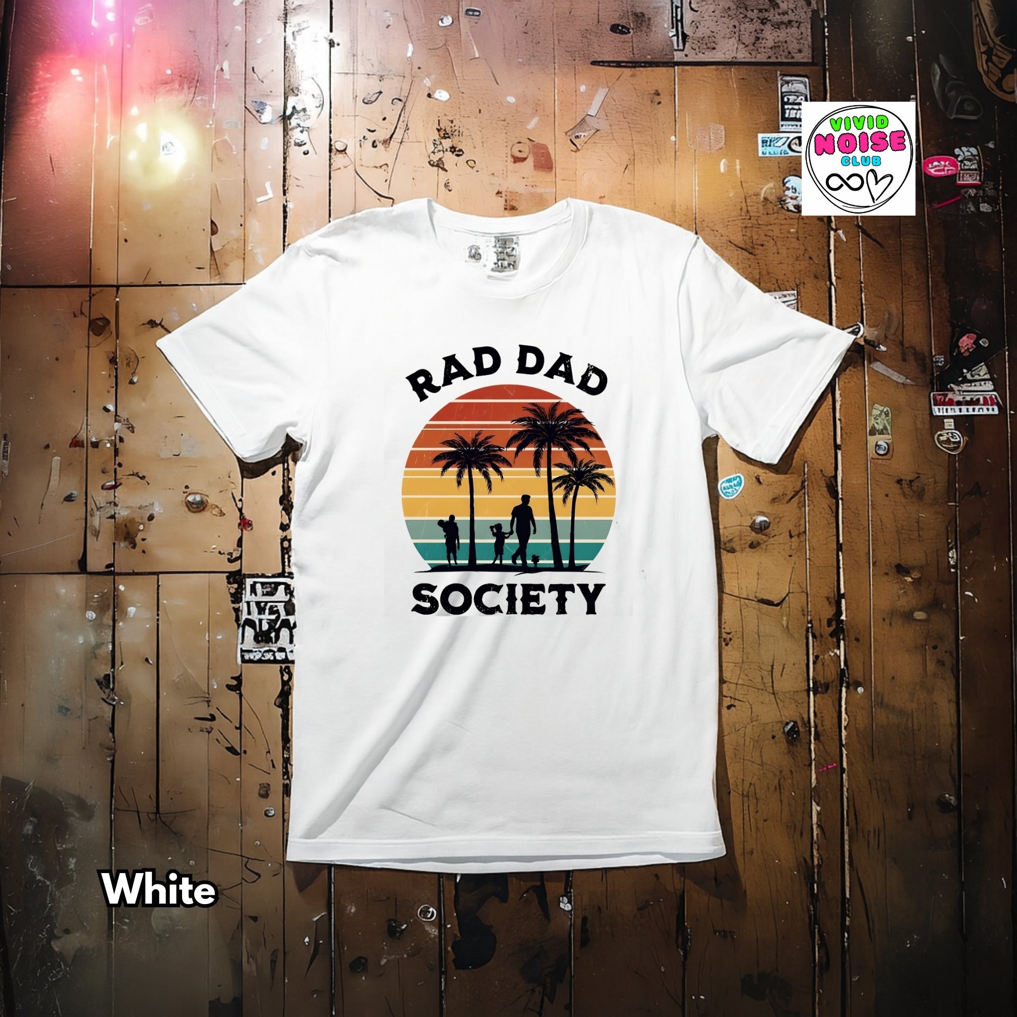 Video for a graphic t-shirt with a retro sunset design and the text 'RAD DAD SOCIETY'.