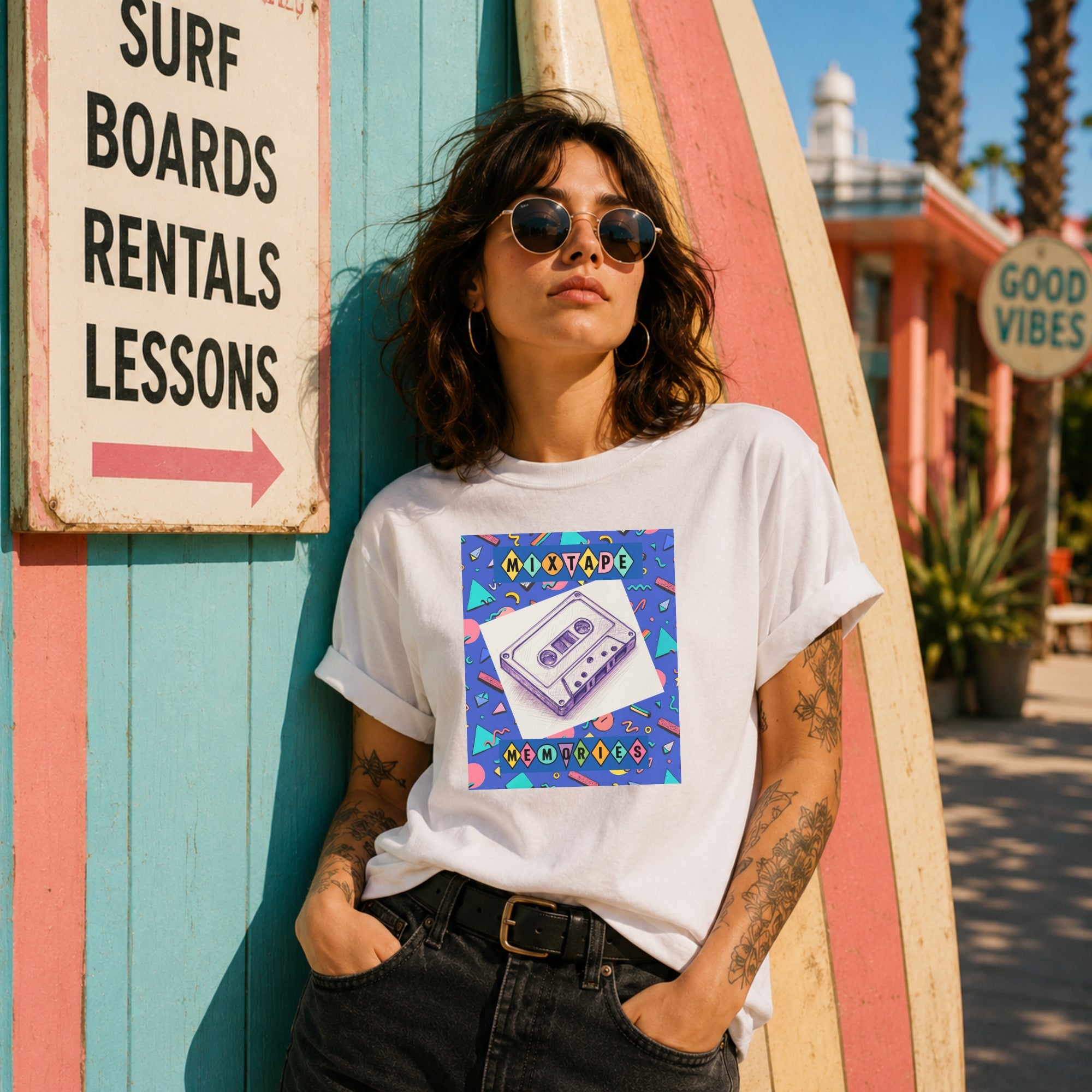 Video showing the Mixtape Memories t-shirt on a model in a bright retro setting, featuring a nostalgic cassette-inspired front graphic.