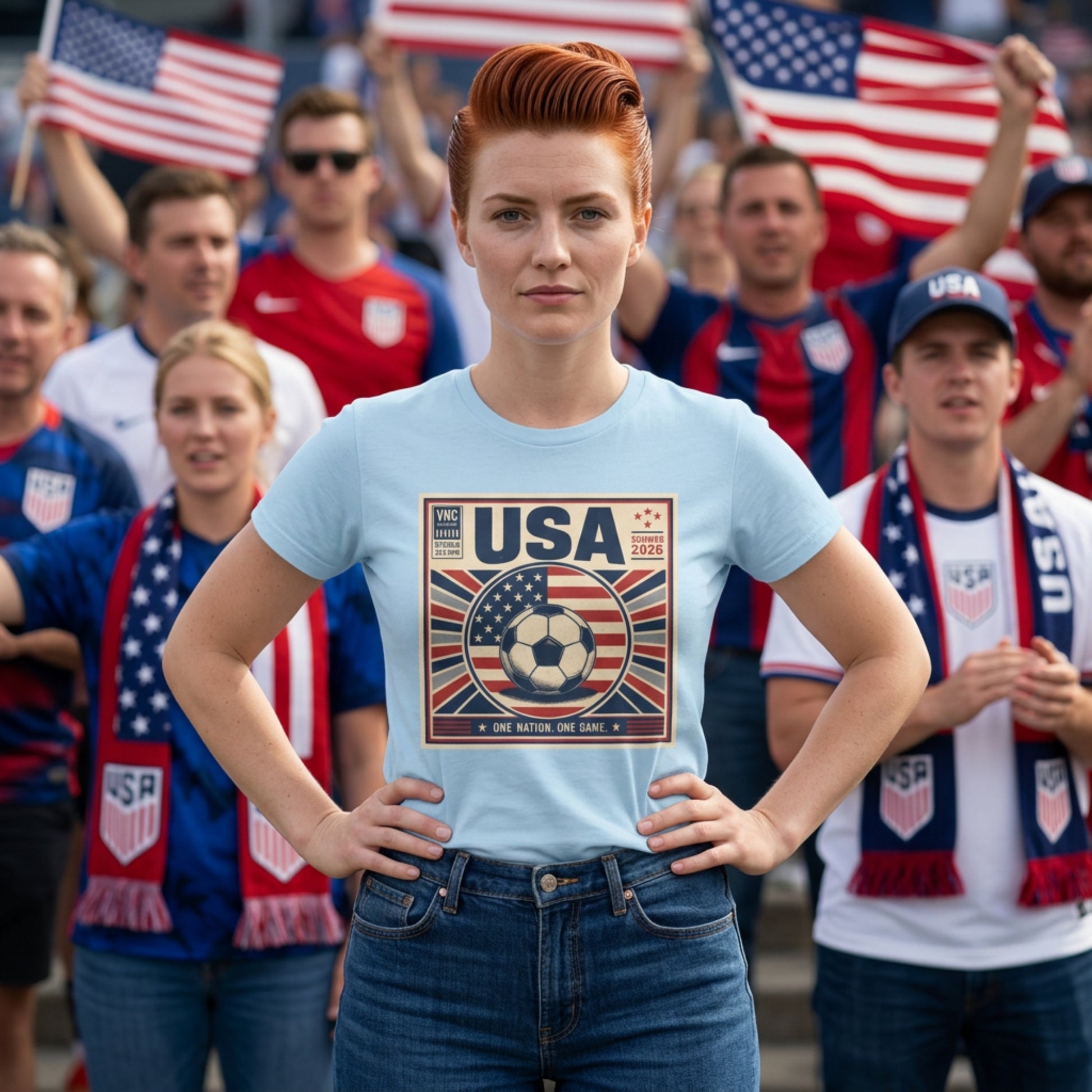 Video preview showing the USA soccer t-shirt with red navy and cream record sleeve artwork and classic cotton tee mockups.