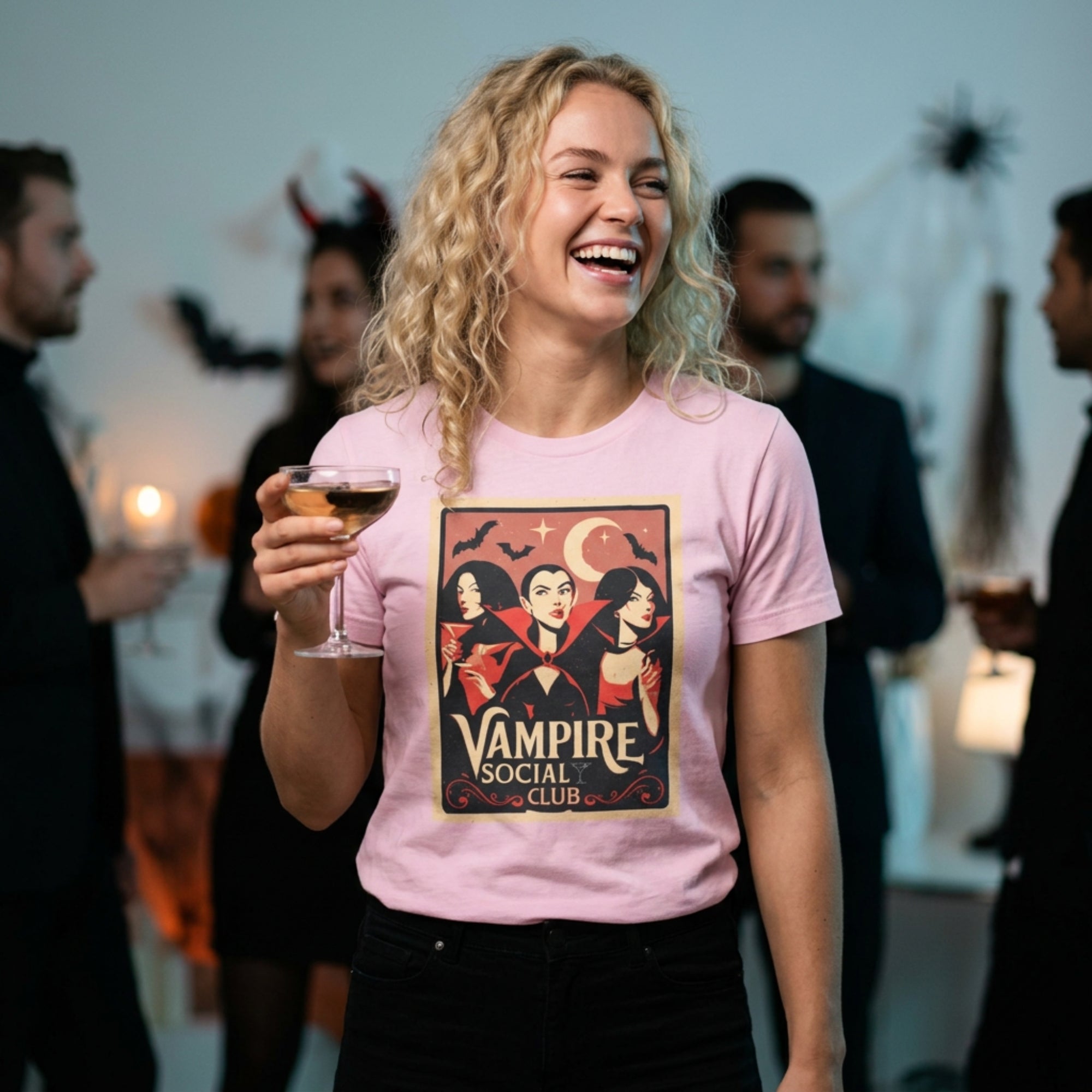 Video showcasing a graphic t-shirt with a 'Vampire Social Club' illustration.