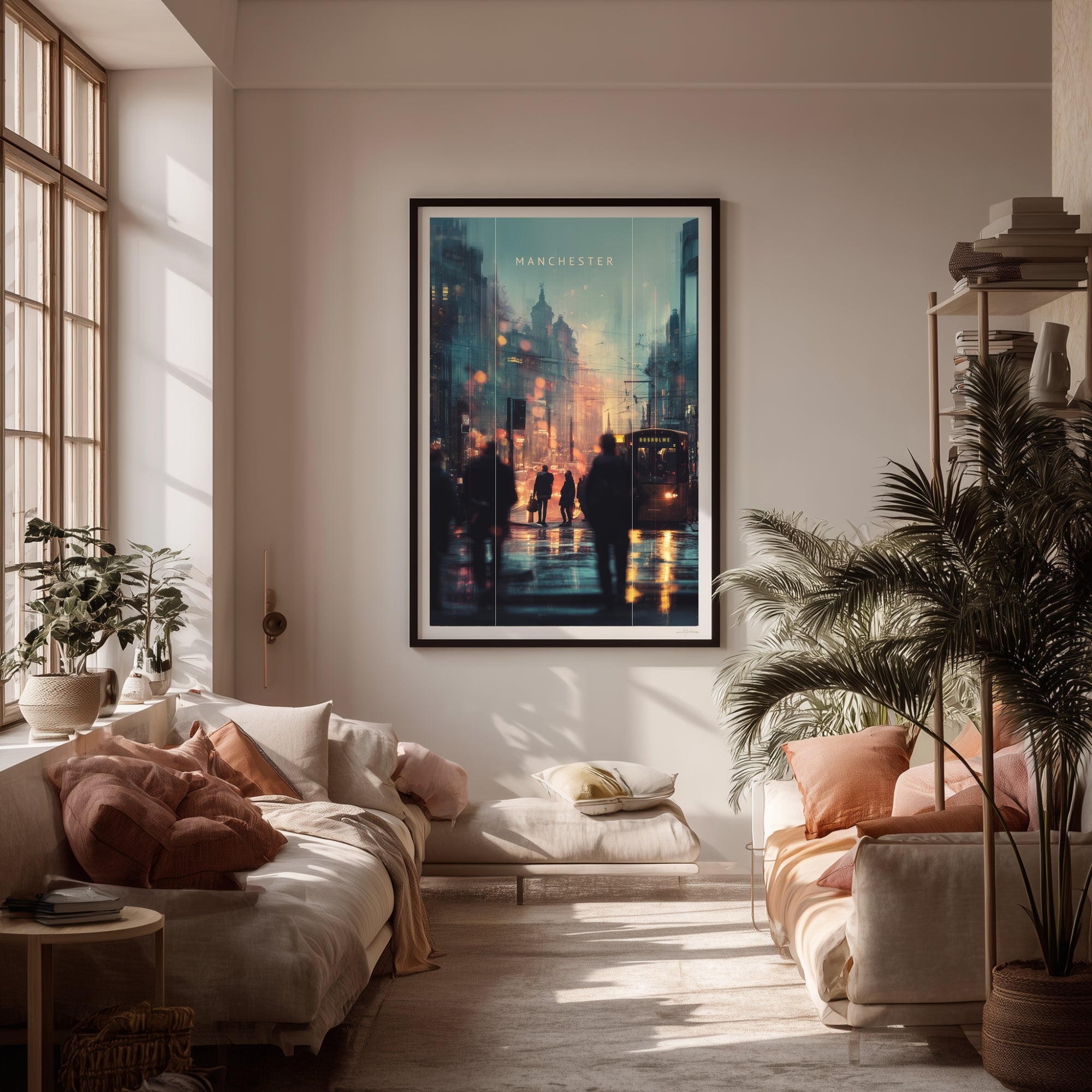 Video of a living room with a framed Manchester artwork on the wall, chair, and sofa.