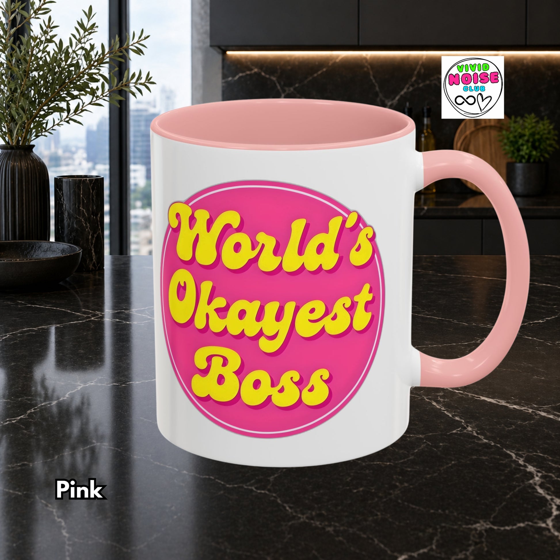 Video showing the available handle and interior colour options for the Vivid Noise Club ceramic accent mug, including 11oz and 15oz size variations for US shipping.