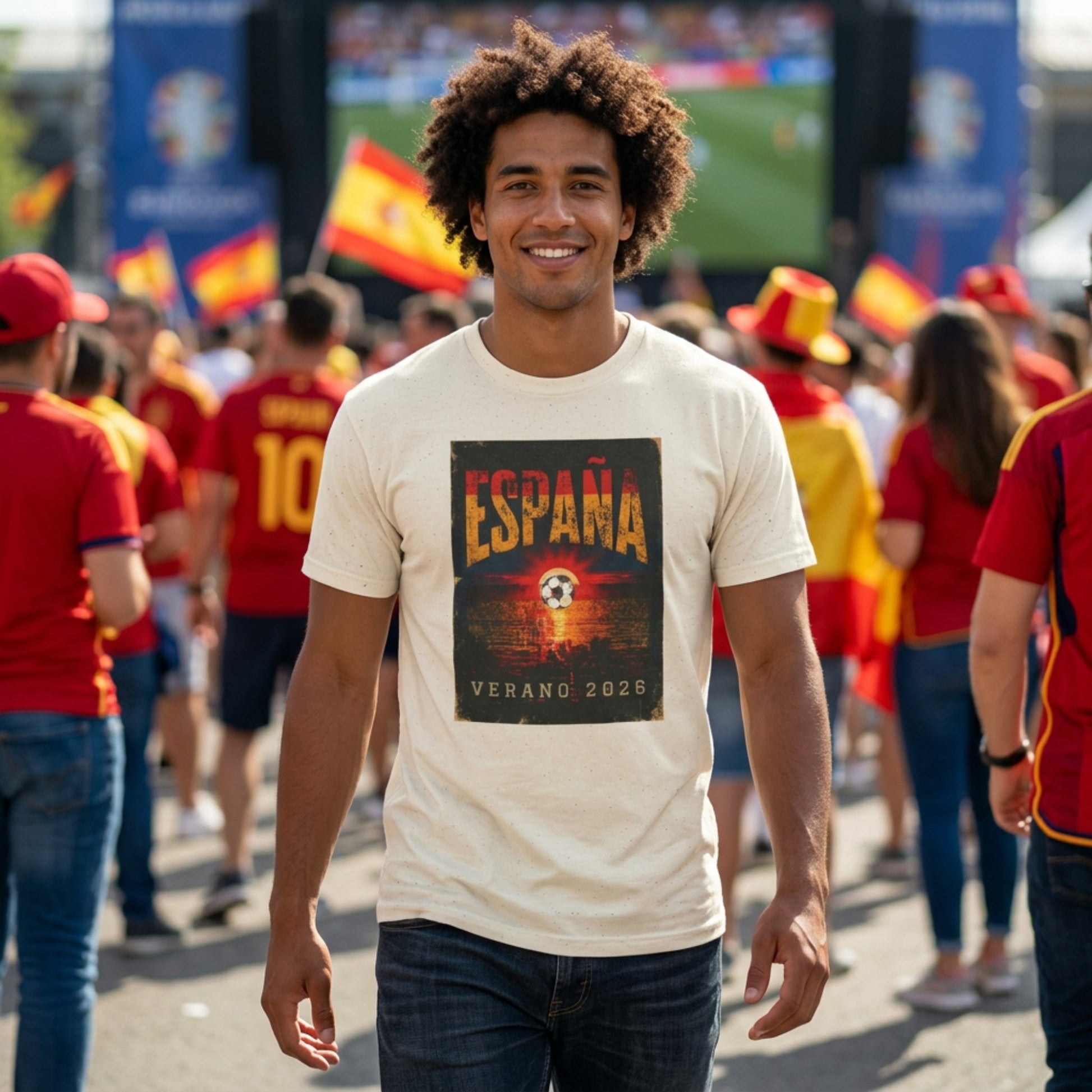 A smiling man walking outdoors wearing a cream-colored graphic t-shirt with 'ESPANA VERANO 2026' printed on the front, surrounded by people in red and yellow Spain national team attire at what appears to be a stadium or public event.
