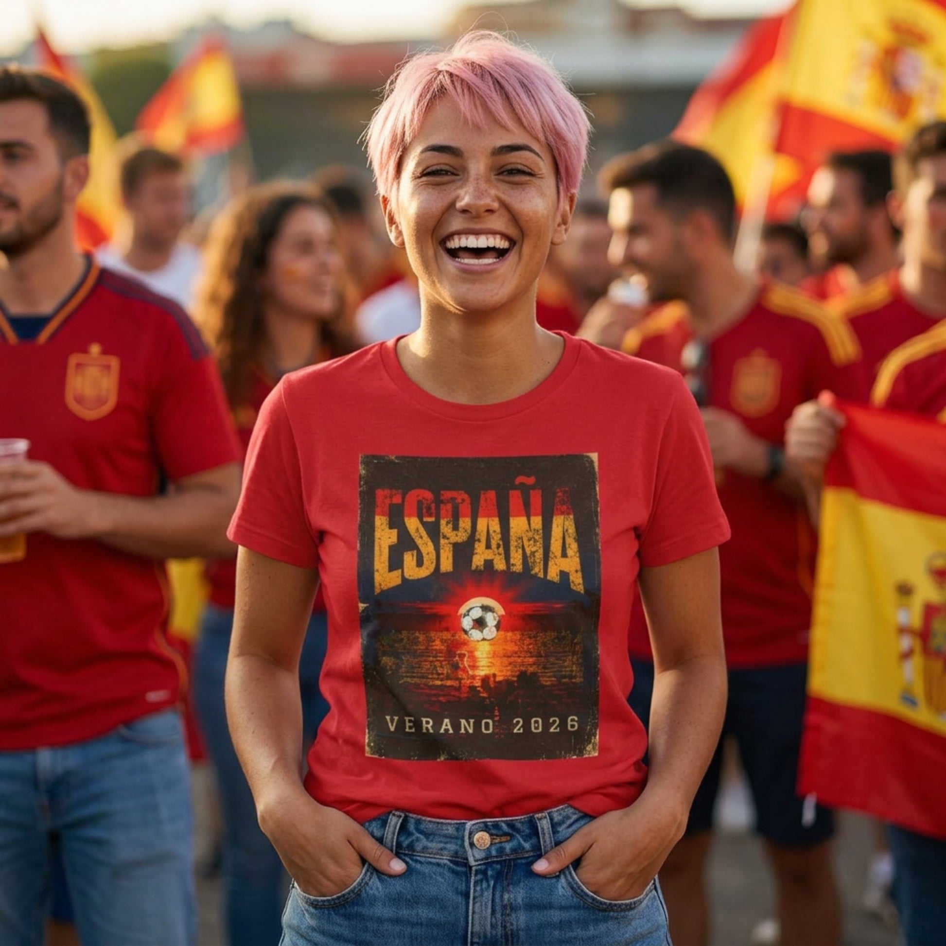 A woman with short pink hair stands outdoors wearing a red graphic T-shirt that says “ESPAÑA VERANO 2026,” with blurred people and Spanish flags in the background.