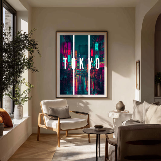 Modern living room with 'TOKYO' cityscape artwork on the wall